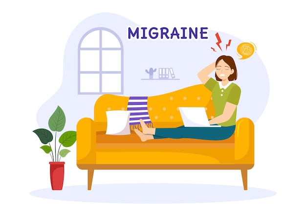 Ilustración vectorial de migraña Las personas sufren de dolores de cabeza y migrañas en el cuidado de la salud