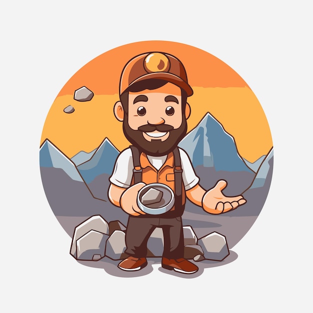 Vector ilustración vectorial de un minero con una cámara en el fondo de las montañas