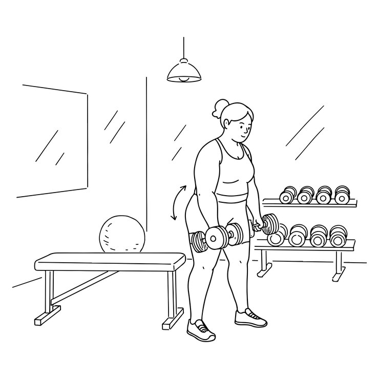 Ilustración vectorial mínima de una mujer segura de tamaño plus que se estira durante el entrenamiento promoviendo el cuerpo