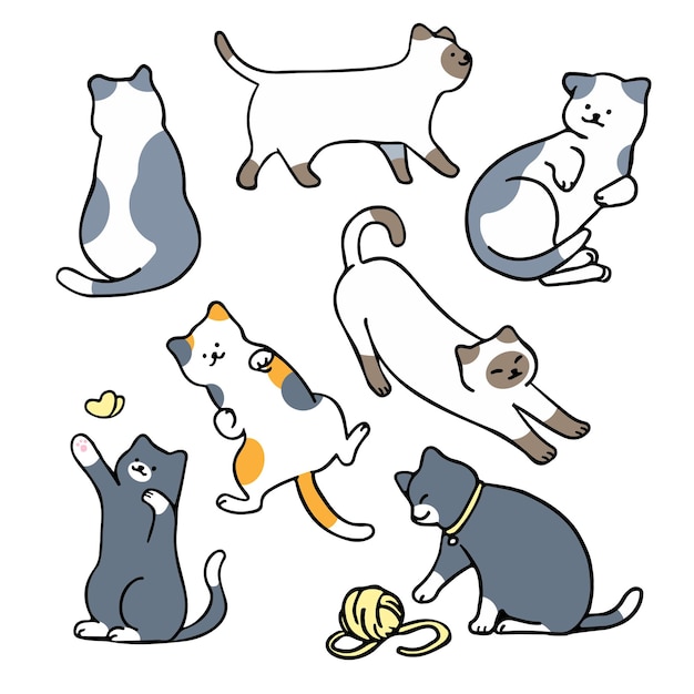Ilustración vectorial mínima plana de gatos en diferentes poses con diseño de personajes de estilo de esquema