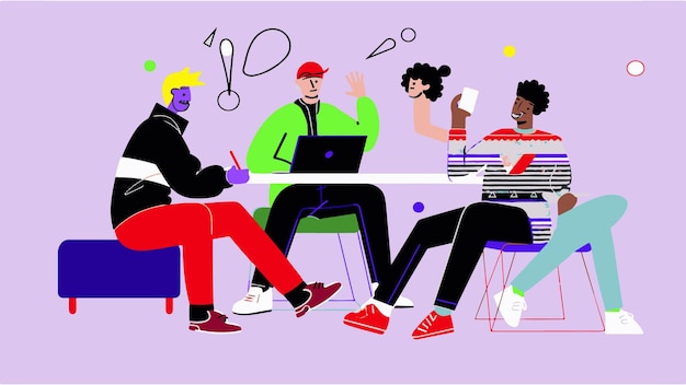 Ilustración vectorial minimalista de un equipo que crea una aplicación digital ideas de computadora 3 personas