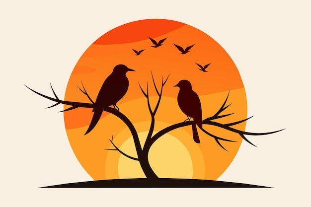 Ilustración vectorial minimalista con silueta de dos pájaros en la rama al atardecer con fondo blanco