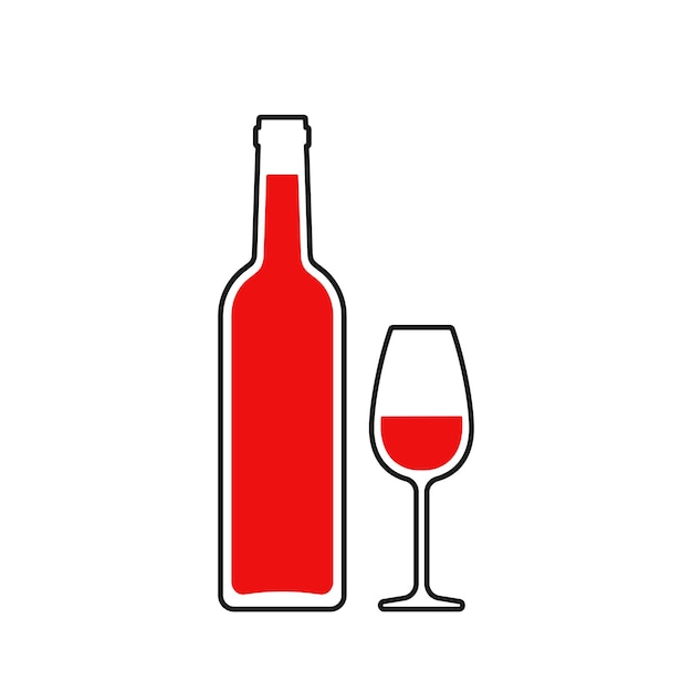 Ilustración vectorial minimalista de vino rojo Botella de vino estilizada y vaso con contorno negro en blanco