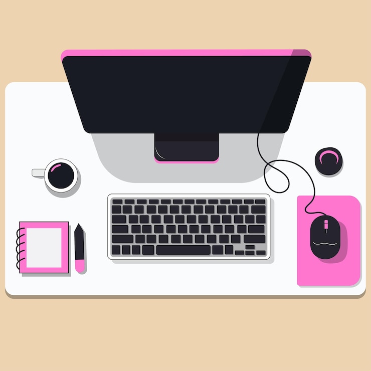 Vector ilustración vectorial minimalista de la vista superior de un escritorio con un ordenador de teclado, ratón y café