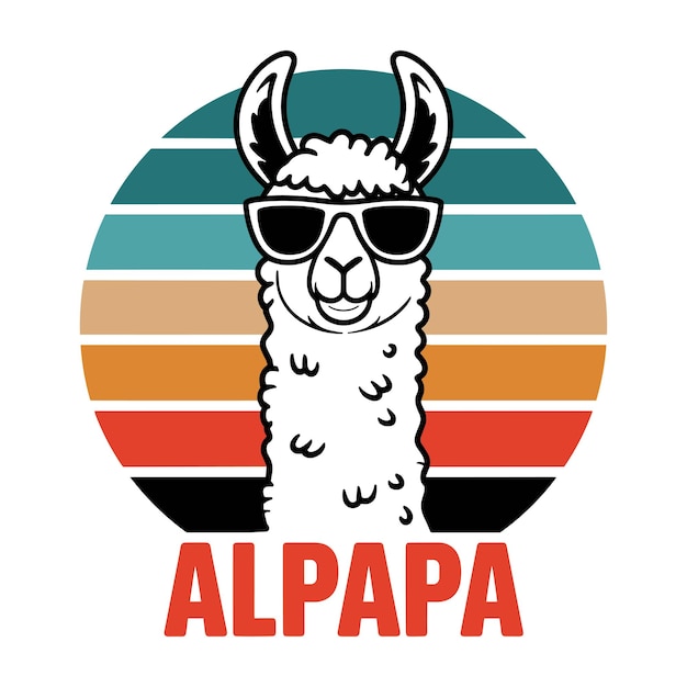 Ilustración vectorial de moda de una alpaca con gafas de sol con un fondo de círculo retro de colores