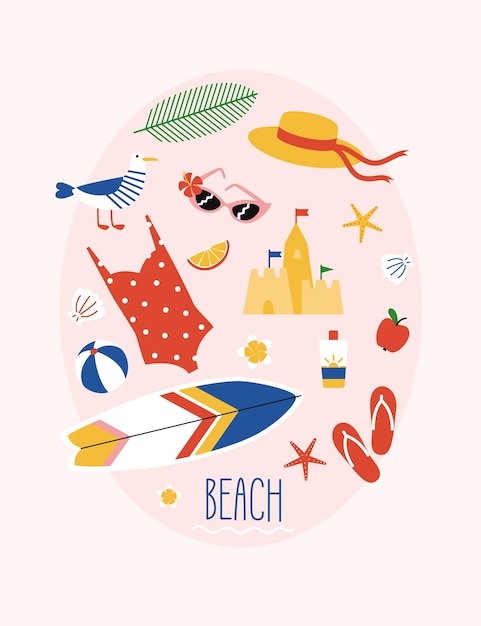 Ilustración vectorial de moda. Lindo juego de playa de verano.