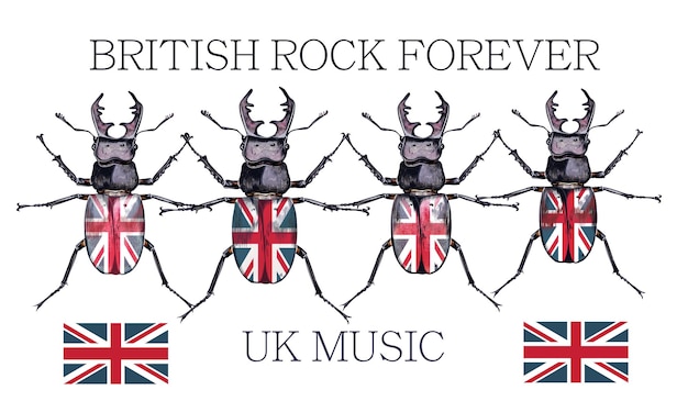 Ilustración vectorial de moda Música rock británica con estampado de escarabajos para camisetas y prendas de vestir