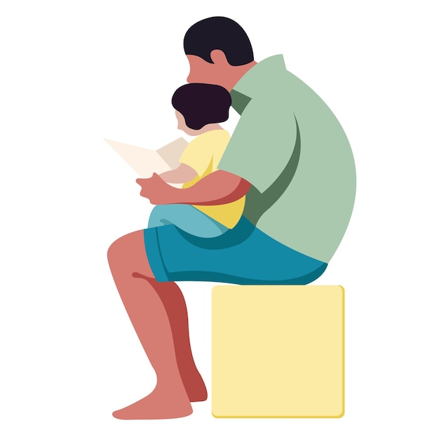 ilustración vectorial de moda el padre sostiene a su hijo en los brazos y lee un libro con él. dia del padre