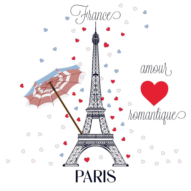Vector ilustración vectorial de moda con paraguas y corazones de la torre eiffel