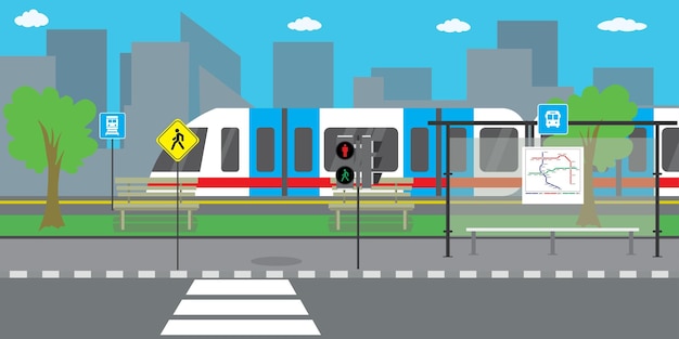 Ilustración vectorial moderna de trenes o metro en calles y carreteras de la ciudad