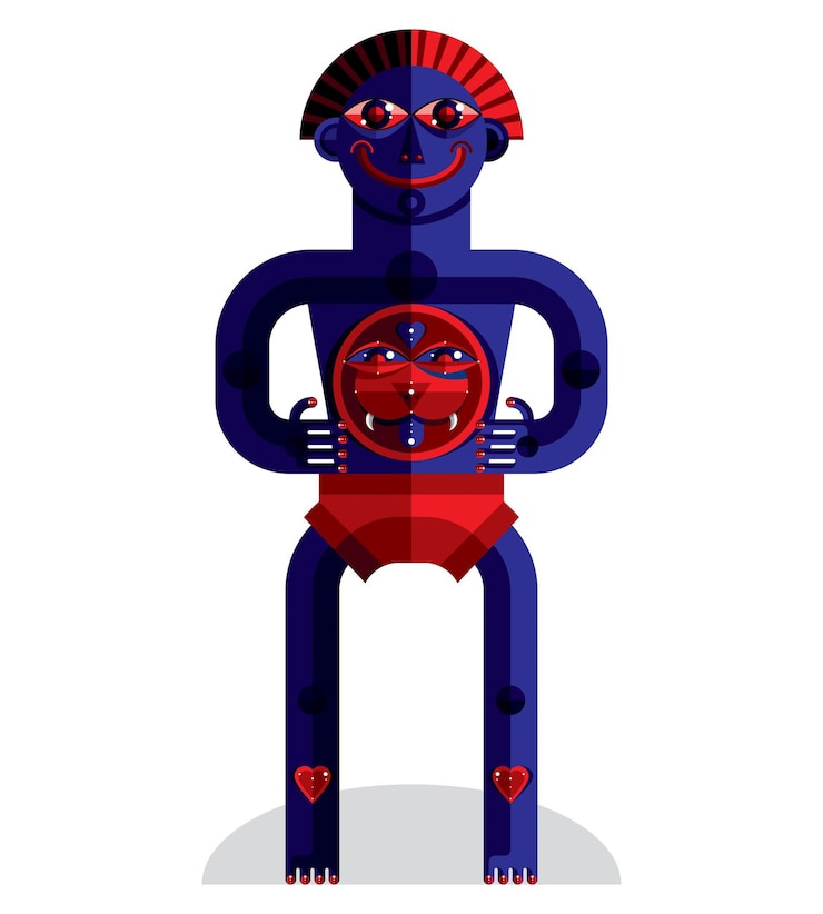 Vector ilustración vectorial modernista, avatar de estilo cubismo geométrico aislado sobre fondo blanco. extraña imagen de personaje hecha en diseño plano. dibujo colorido de bestia extraña.