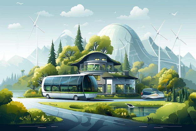 Ilustración vectorial de un moderno edificio de oficinas ecológico con árboles verdes y coches eléctricos