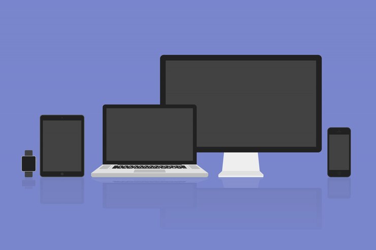 Vector ilustración vectorial moderno monitor, computadora, computadora portátil, teléfono, tableta y reloj inteligente