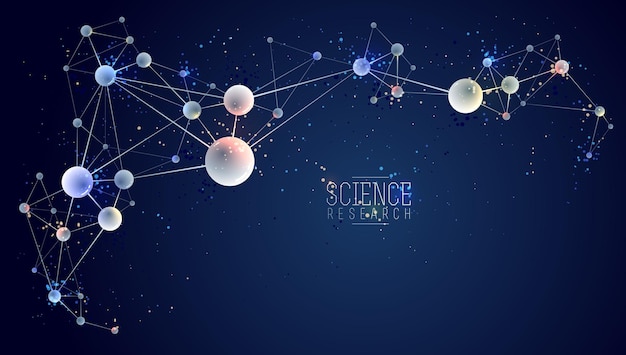 Ilustración vectorial de moléculas, fondo abstracto del tema de la química y la física de la ciencia, tema de la ciencia y la tecnología micro y nano, átomos y partículas microscópicas.