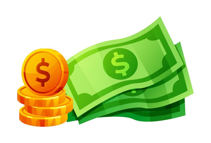 Vector ilustración vectorial monetaria billetes y monedas de oro con el signo del dólar aislado sobre fondo blanco