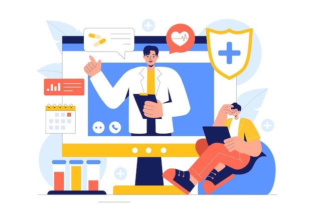 Ilustración vectorial de monitoreo remoto de la salud que presenta el uso de la tecnología digital para rastrear datos médicos y de salud en un fondo de estilo gordo