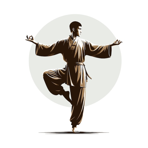Vector una ilustración vectorial de un monje shaolin en una postura dinámica de pie en una pierna con gracia