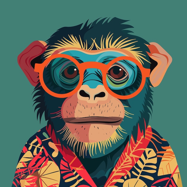Vector ilustración vectorial de un mono con gafas de sol rojas sobre un fondo verde