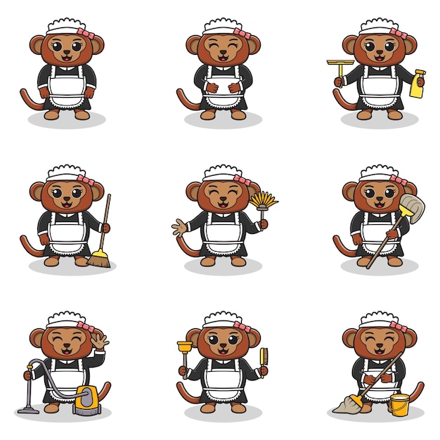 Ilustración vectorial de mono lindo con uniforme de sirvienta