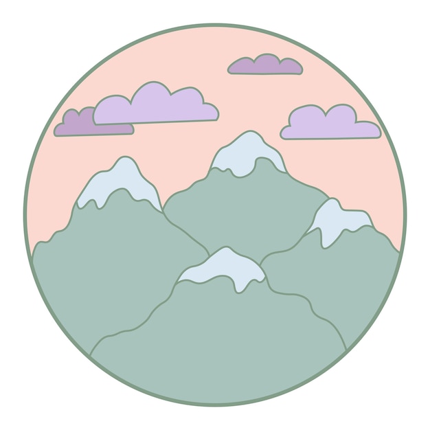 Ilustración vectorial de montañas Colorido icono dibujado a mano en el marco del círculo
