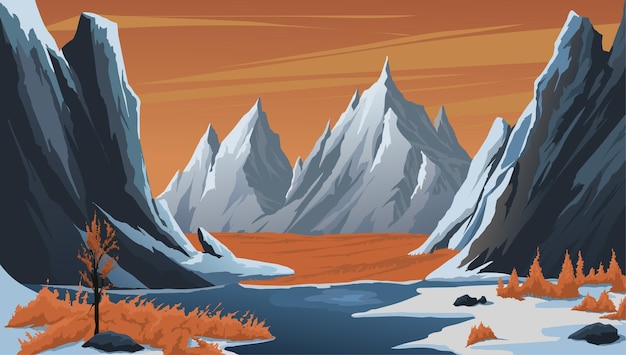 Ilustración vectorial de montañas heladas con valles naranjas y rocas nevadas.