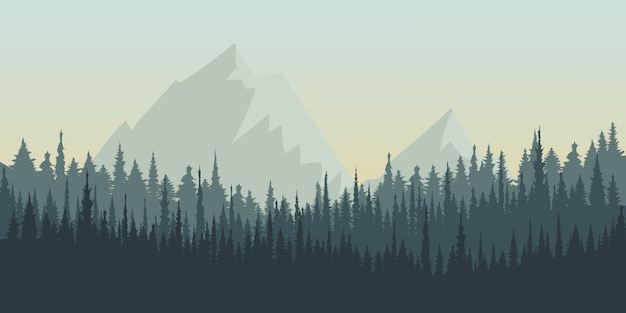 Vector ilustración vectorial de montañas paisaje misterioso de montañas forestales en la niebla
