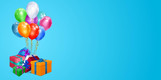 Vector ilustración vectorial con un montón de cajas de regalo de colores con cintas y lazos y globos multicolores sobre fondo azul claro