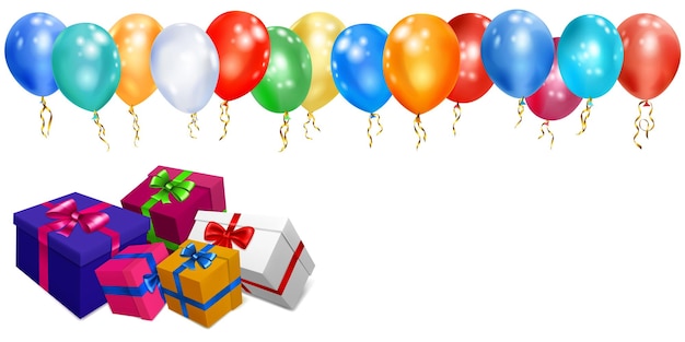 Ilustración vectorial con un montón de cajas de regalo de colores con cintas y lazos y globos multicolores