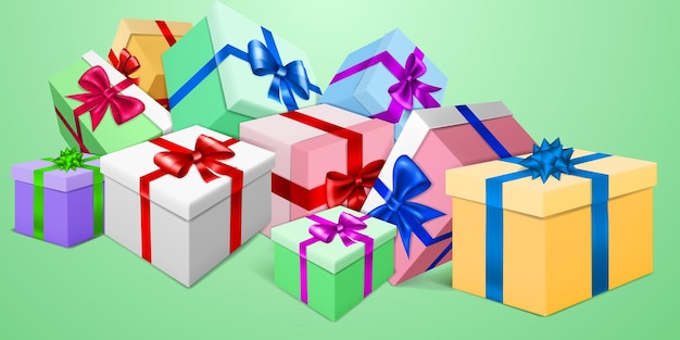 Ilustración vectorial con un montón de cajas de regalo de colores con cintas y lazos sobre fondo verde claro