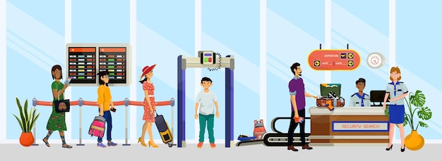 Ilustración vectorial del mostrador de búsqueda de seguridad con inspector y pasajeros o turistas en el aeropuerto