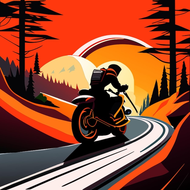 Vector ilustración vectorial de un motociclista que navega por una carretera sinuosa