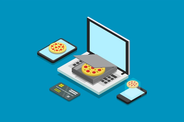 Ilustración vectorial de movkup del logotipo de pizza en línea y portátil