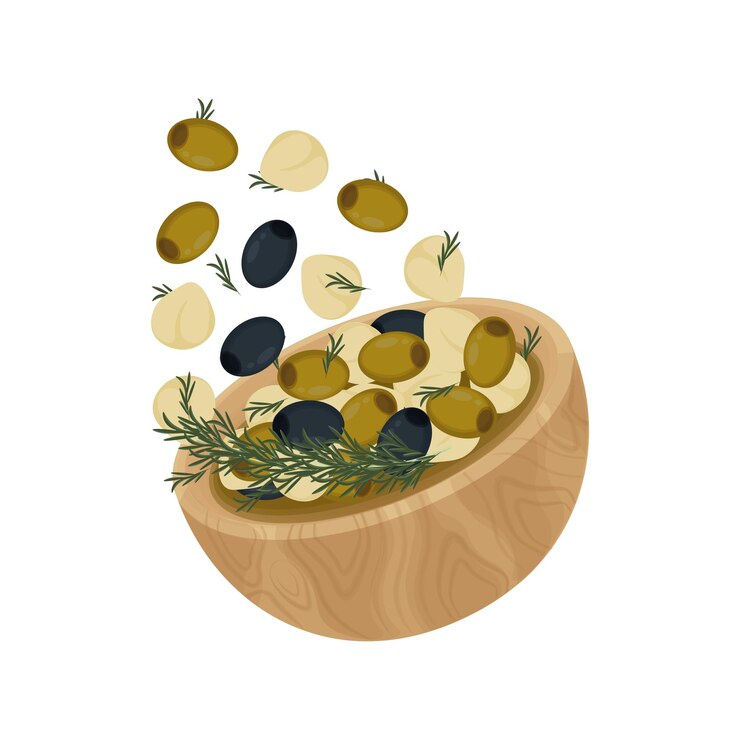 Ilustración vectorial de Mozzarella marinada con hierba de ajo con aceituna de Kalamata