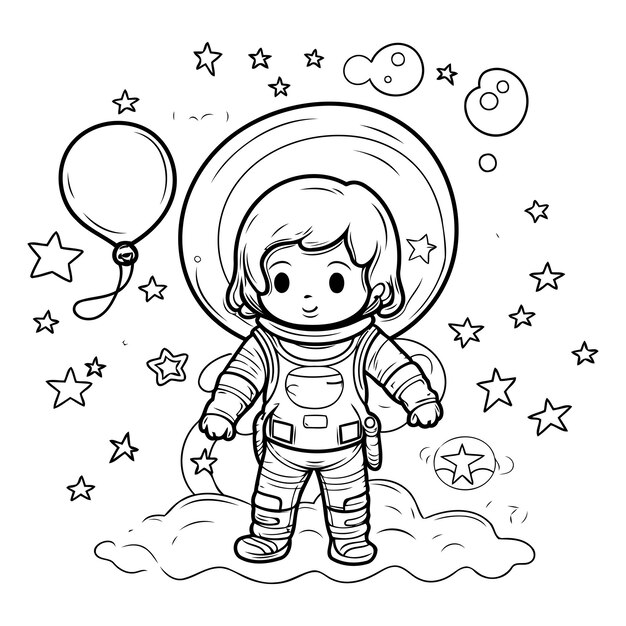 Vector ilustración vectorial de la muchacha astronauta de dibujos animados