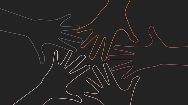Ilustración vectorial de muchas siluetas de neón mano pila símbolo de la unidad grupo socio