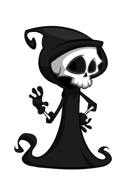 Ilustración vectorial de la muerte de dibujos animados Mascota del monstruo de Halloween aislada sobre fondo oscuro Cute dibujos animados parca