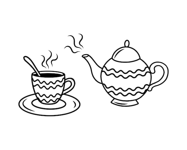 La ilustración vectorial muestra una taza de té con un platillo y una teteraUna tetera con una taza en un platillo