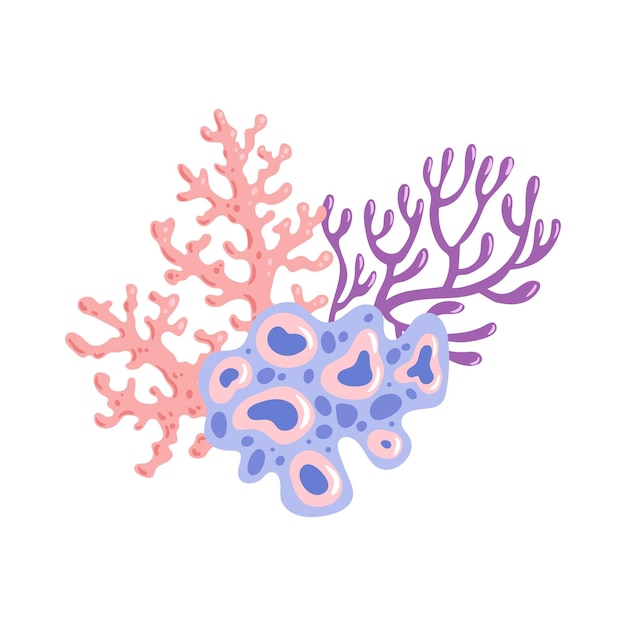 La ilustración vectorial muestra un vibrante arrecife de coral lleno de coloridos corales y vida marina