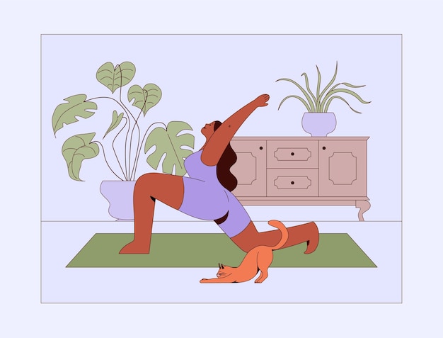 Ilustración vectorial de una mujer afroamericana practicando yoga en casa con un gato en un interior acogedor