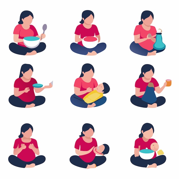 Ilustración vectorial de una mujer alimentando a una niña sentada en una silla alta sobre el fondo de una concha