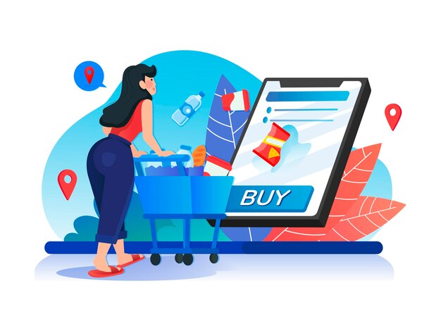 Ilustración vectorial de una mujer añadiendo artículos al carrito en una aplicación de compras en línea