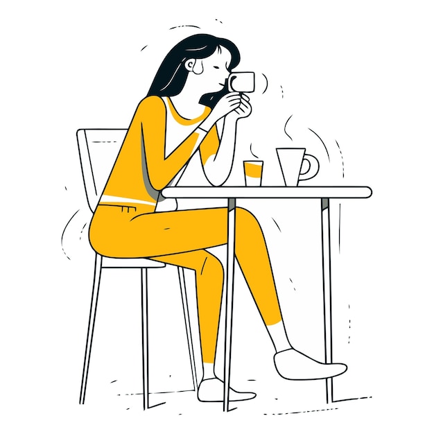 Vector ilustración vectorial de una mujer bebiendo café en una cafetería arte de línea