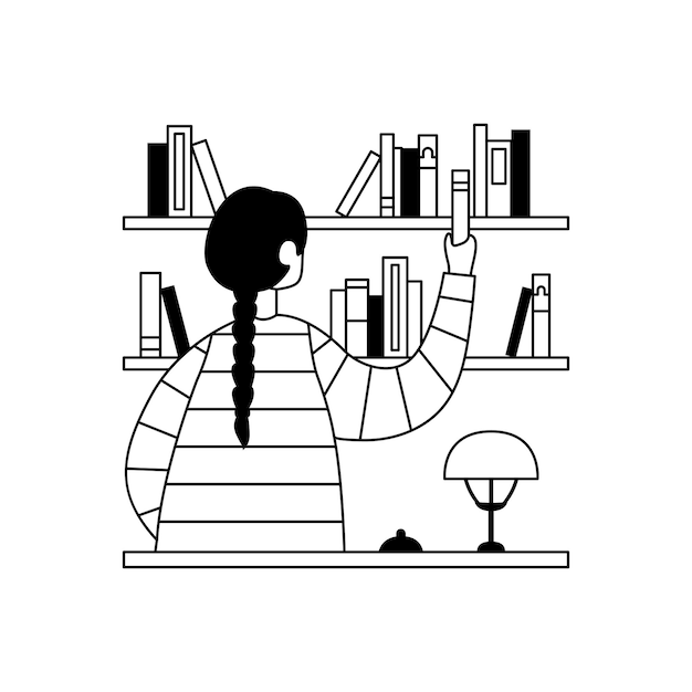 Ilustración vectorial de una mujer bibliotecaria arreglando libros en estantes Esquema