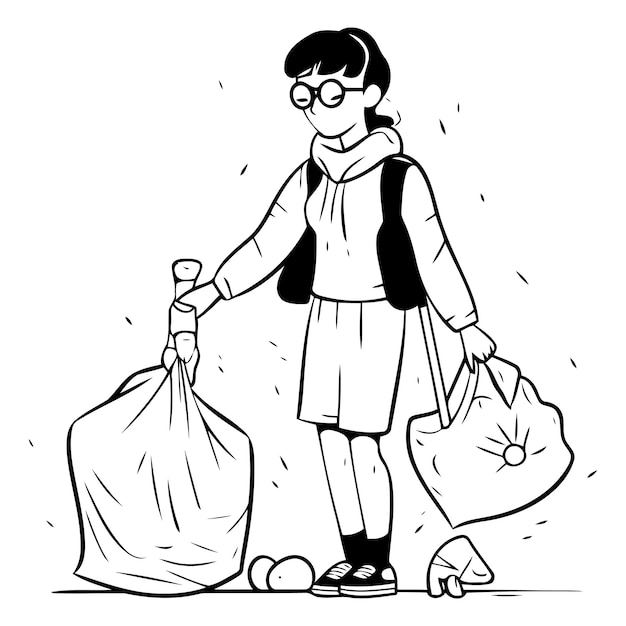 Vector ilustración vectorial de una mujer con bolsas de basura en blanco y negro