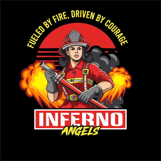 Ilustración vectorial de una mujer bombera cargando una manguera de incendios con una ilustración detallada
