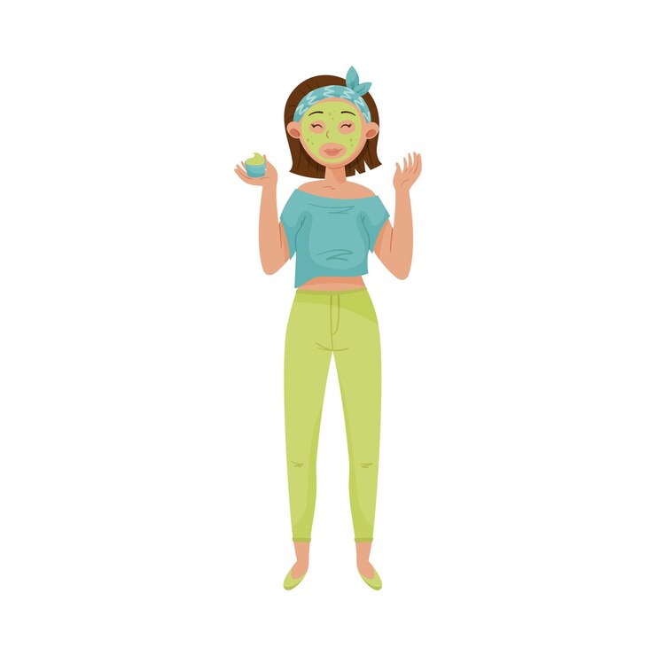 Vector ilustración vectorial de una mujer de cabello corto aplicando una máscara cosmética en su cara