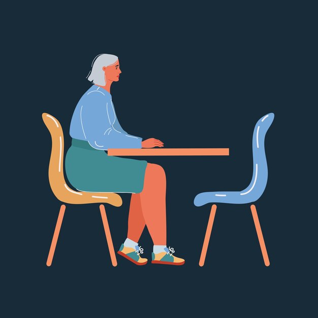Ilustración vectorial de una mujer en un café sentada sola Silla vacía Personaje en fondo oscuro