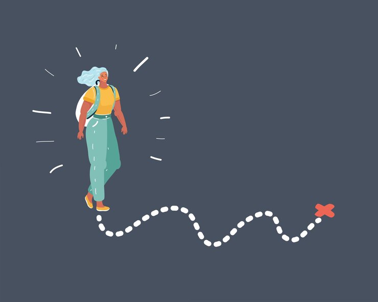 Vector ilustración vectorial de mujer caminando hacia lugares desconocidos