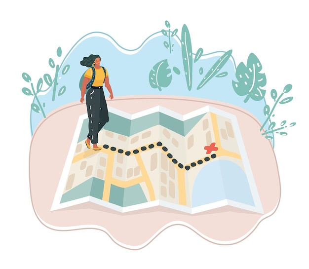 Ilustración vectorial de una mujer caminando hacia lugares desconocidos