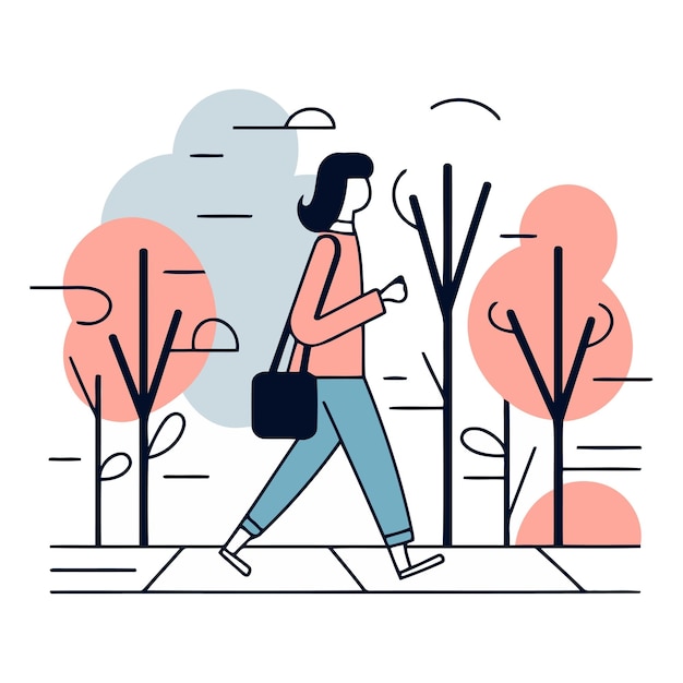Vector ilustración vectorial de una mujer caminando en el parque diseño plano